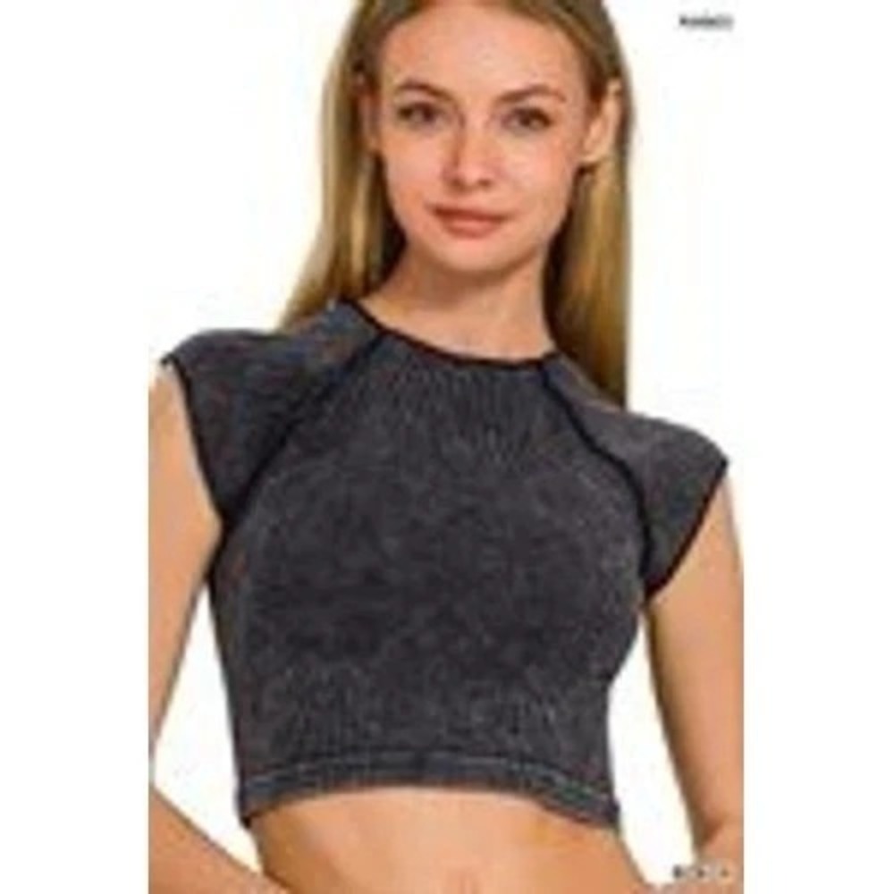 Zenana Acid Wash Seamless Crop Top Women's S/M Black NWT